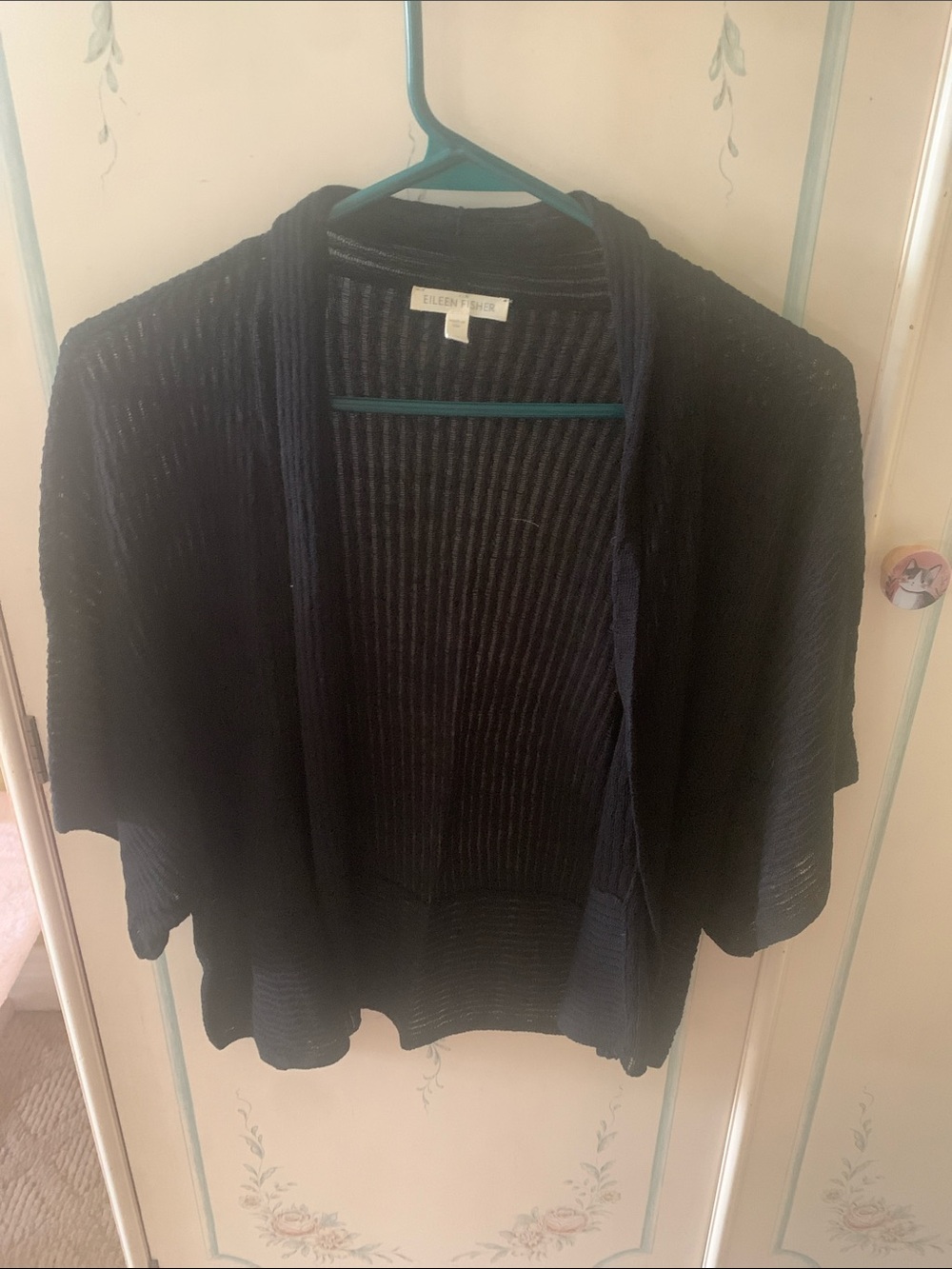 Eileen Fisher Black 100% Tencel Ribbed Short Cardigan Open Front
